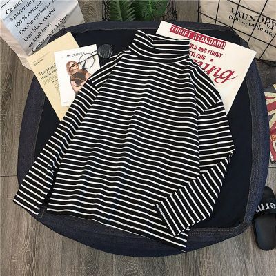‘；’ MEXZT T-Shirts Women Long Sleeve Striped Solid Turtleneck Bottoming Shirt Korean Fashion All-Match Simple Loose Soft Tops New