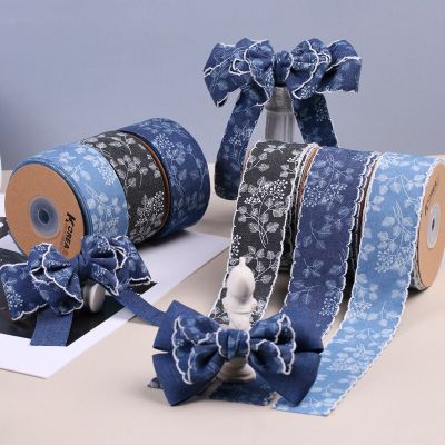 25/40MM 5Yards Flower Leaf Printed Denim Fabric Jacquard Ribbon DIY For Crafts  Hair Bows  Gift Wrapping  Wedding Party Decor Gift Wrapping  Bags