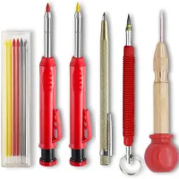 2 Solid Carpenter Pencils with 6 Refill Red Yellow Black, 2 Carbide Scriber Tools and Automatic Center Punch Tool Marker