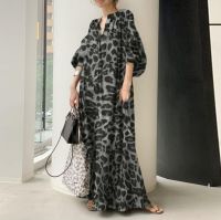 【CC】 2023 Leopard Womens Chaffion Lantern Sleeve Dresses Female Fashion Beach Ladies