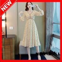 NEW MALL Dresses For Women AutumnS New Popular Floral Dress Female Korean Version Elegant Temperament Waist Slim V-Neck Long Skirt