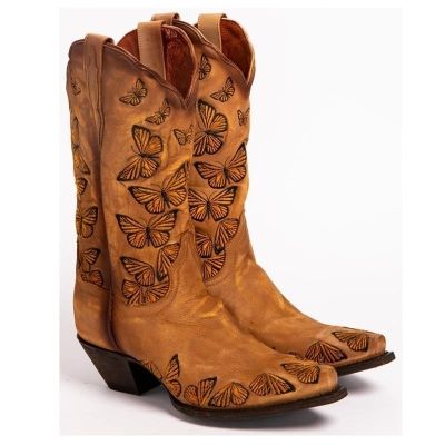 *COD dsdgfhgfsdsss Womens Rustic Tan Embroidered Butterfly Cowgirl Boots Western Boots Womens Retro Knee High Boots Handmade Leather Cowboy Boots