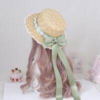 Japanese Lolita Straw Sun Hat Bonnet Sweet Mori Girl Lace Patchwork Ribbon Bandage Bowknot Wide Brim Elegant Tea Party Flat Cap