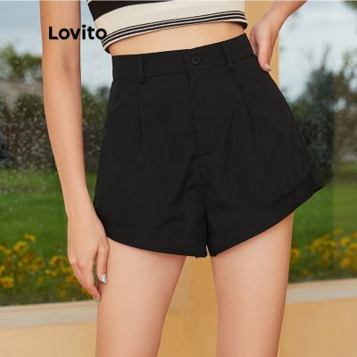 Lovito กางเกงขาสั้นขากว้างลำลองสีทึบ L24ED037 (สีดำ)