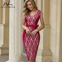 Nice-Forever Summer Women Elegant Lace Patchwork Low Cut Dresses Formal Wedding Party Vintage Bodycon Slim Dress B685