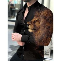 Fashion Luxury Social Men Shirts Turn-down Collar Buttoned Shirt Casual Lion Print Long Sleeve Tops Mens Clothing Prom Cardigan