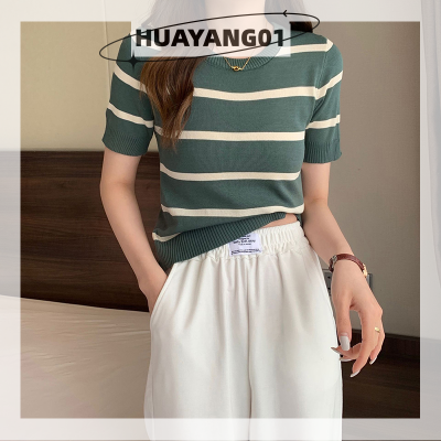 HUAYANG01 [2023 new HOT FASHION] lazlook ผู้หญิงลายถักเสื้อยืดแขนสั้นแฟชั่นลำลองแขนสั้นรอบคอเสื้อ