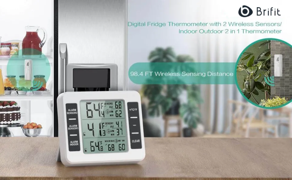 New Version) Wireless Refrigerator Thermometer, Indoor Outdoor Thermometer  with 2 Wireless Sensors, Temperature Monitor for Freezer Kitchen Home 