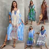 DN0884 Boho บิกินี่ขึ้นปก O Versize พิมพ์ลูกไม้ขึ้นชายหาด Tunic Kaftans เซ็กซี่ผู้หญิงแยก Maxi D Ress ชุดว่ายน้ำ