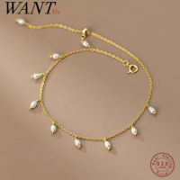 WANTME 925 Sterling Silver Fashion Simple Chain Baroque Pearl Tassel Anklet for Women Elegant Wedding French Jewelry Accessories