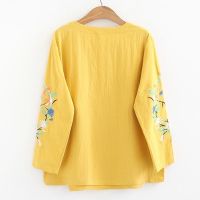 M-4XL Fashion Women Embroidered Cotton Round Neck Long Sleeve T-shirt Loose Casual Retro Top Blouse Plus Size baju raya