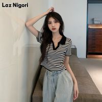 Laz Nigori เสื้อโปโลแขนสั้นสำหรับผู้หญิง,เสื้อคอโปโลแบบบางสำหรับเสื้อยืดลายทางเอวสูงดีไซน์เปิดสะดือเสื้อถักนิตติ้ง Cewek Seksi