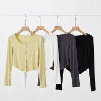 ஐ☾► Dance clothing short top adult womens round neck cardigan multi-button long-sleeved modern dance body yoga clothing exercise clothing