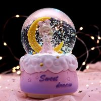 Vintage Unicorn Romantic Couple Glowing Crystal Ball Music Box Snowflake Lights Music Box Ornament Girls Birthday Gift Carousel