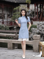 Elegant Chinese Mandarin Collar Embrodiery ชีฟอง Qipao แขนสั้นจัดเลี้ยง Party Cheongsam Dress