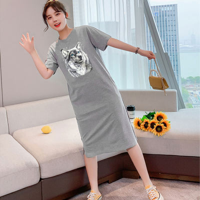 เดรสยาวเสื้อยืดแฟชั่นผู้หญิงสไตล์เกาหลี คอกลมแขนสั้น เนื้อผ้ายืดหยุ่นดี กระโปรงเสื้อยืดทรงสวย แนวหวานสดวัยรุ่นน่ารั Q261