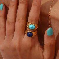 【YF】 Natural Stone Lapis Turquoise Arrow Textured Stainless Steel Rings For Woman anillo acero inoxidable bague femme