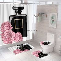 Cosmetics Perfume and Flower 3d Shower Curtain 4pcs Set Custom Hooks Printed Decor Bathroom Waterproof Cover Screen