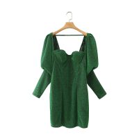 Women Sexy Square Collar Pleats Puff Sleeve Green Shinning Dress Female Chic Backless Zipper Club Party Vestidos