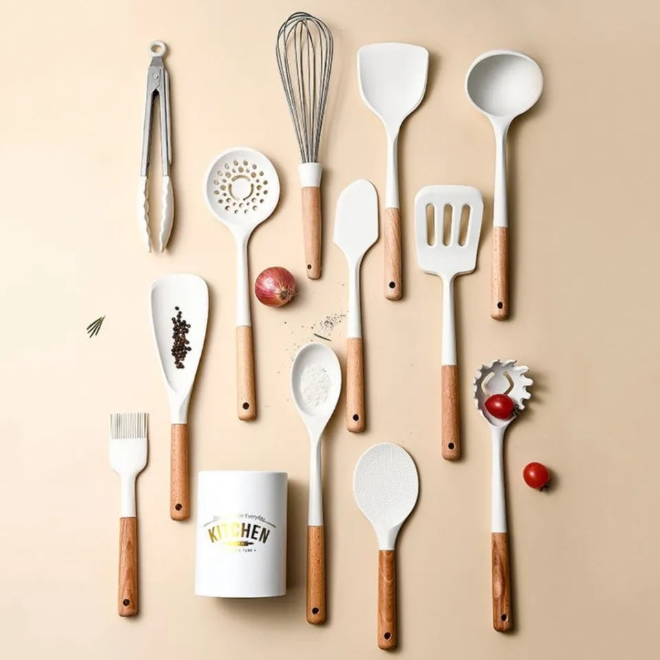 13pc White Silicone + Wooden Kitchen Utensils Set – EZ Home Ideas