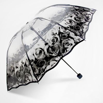 [ใหม่2023] บุคลิกภาพ Parapluie 3พับโปร่งใสร่มใสลายดอกไม้โรแมนติก Rose PVC Clear ผู้หญิงผู้ชายฝนร่มของขวัญ