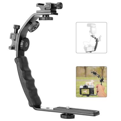 Camera L Bracket Mount Aluminum Alloy Video Grip L-Bracket Dual Flash Cold Shoe Mount With 2 Cold Shoe Mount Flash DV Holder