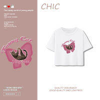 เสื้อสั้นหลวม CHIC การ์ตูนลูกแมวพิมพ์แขนสั้นสบาย ๆ T0324