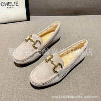 Douban Shoes ผู้หญิงบวกกำมะหยี่ 2023 ใหม่ร้อยรองเท้าแบนรองเท้าขนสัตว์ One ลำลองผ้าฝ้ายรองเท้าฤดูหนาวรองเท้าขนสัตว์สำหรับผู้หญิง