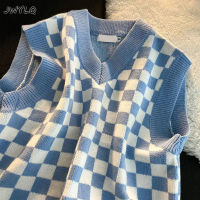 เสื้อถักนิตติ้งเกาหลี Checkerboard พิมพ์ V คอแขนกุดผู้หญิงเสื้อกันหนาวใหม่หลวมสีฟ้าสีดำ Preppy สไตล์ Pullover เสื้อกันหนาวผู้หญิง...