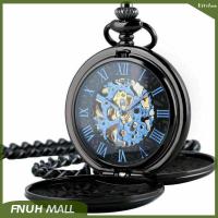 Retro Fashion Black Double Full Hunter Design Roman Number Skeleton Dial Mechanical Fob Pocket Watch Gift For Men Women