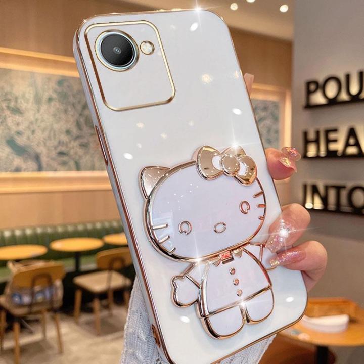 folding-makeup-mirror-phone-case-for-oppo-realme-c30-c30s-realme-narzo-50i-prime-case-fashion-cartoon-cute-cat-multifunctional-bracket-plating-tpu-soft-cover-casing