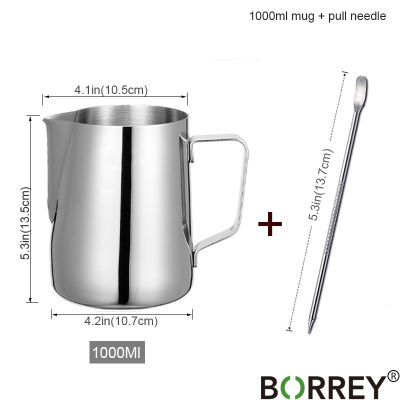 BORREY Stainless Steel Coffee Pitcher Mug Milk Frothing Pitcher Latte Art Steam Pitchers Milk Cream Jug Cup With Decorating Pen