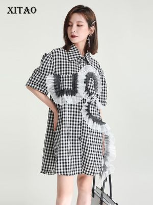 XITAO Dress  Women Black White Plaid Shirt Dress