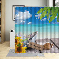 Summer Day Seaside Sandy Beach Shower Curtain Coconut Tree Sunflower Wooden Bridge Mermaid Bathroom With Hook Waterproof Suit