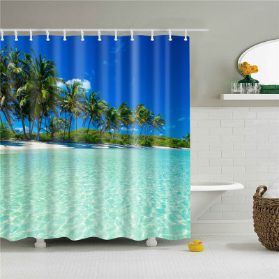 Beach Printed Fabric Shower Curtains Sea Scenery Bath Curtain Screen Waterproof Products Bathroom Decor with 12 Hooks