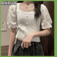 ANRUO เสื้อยืดถักคล้องคอทรงสี่เหลี่ยมเสื้อเชิ้ตแขนพอง,ขนาดเล็กใหม่ฤดูร้อนของผู้หญิงแนวเกลือเส้นบางเทรนเสื้อด้านหน้า