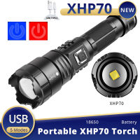 Torch Light Hight Power 8000LM 4-Core XHP70ไฟฉาย LED ที่มีประสิทธิภาพมากที่สุด18650ไฟฉายชาร์จ USB โคมไฟ18650โคมไฟ