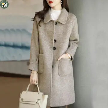 VERY NOBLE Double Faced Woolen Coat with Hood Loose Breasted Lace