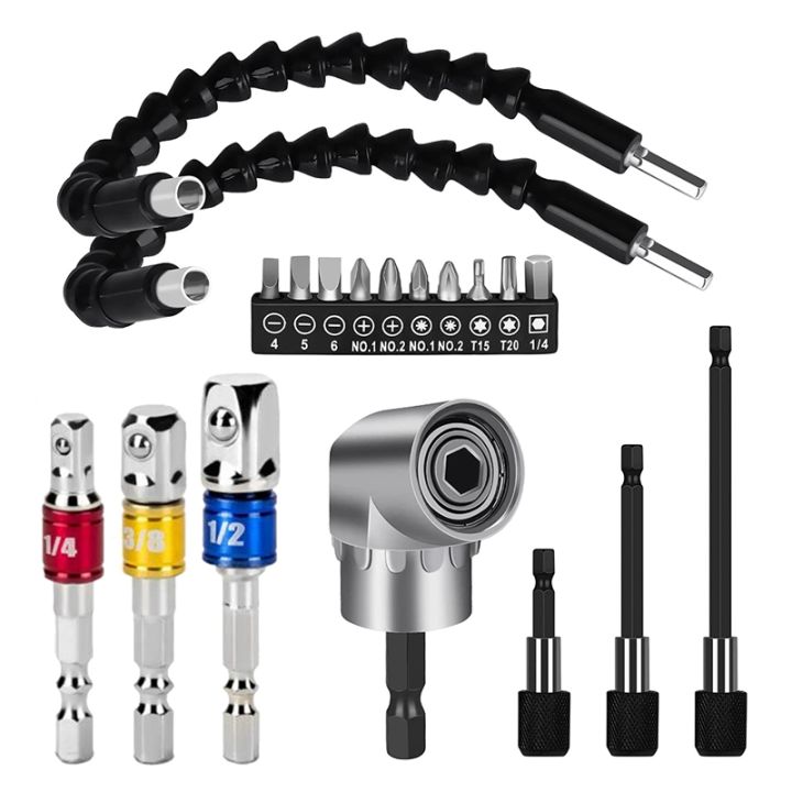 19-Piece, Hex Handle 105° Right Angle Drill Bit Attachment, 3-Piece 1/4 ...