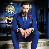 New Arrival ออกแบบใหม่ Haut หนึ่งปุ่ม Peak Lapel สีฟ้าเจ้าบ่าว Tuxedos ผู้ชายแต่งงานพรหมเสื้อผ้าชุด (เสื้อ + กางเกง + Tie + Girdle)R