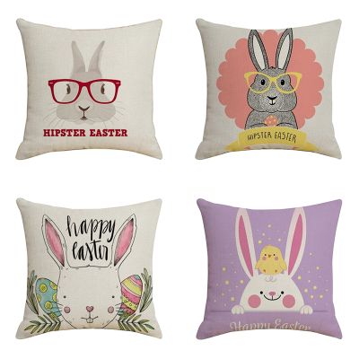 4Pcs Easter Pillow Case Rabbit Bunnies Pillowcover Spring Seasons Linen Sofa Bed Throw Cushion Cover Decoration 45X45cm