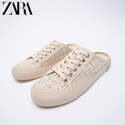 △❦✢ Zara ใหม่ รองเท้าผ้าใบ ผูกเชือก สีเบจอ่อน ลิมิเต็ด สําหรับผู้หญิง 12831810002