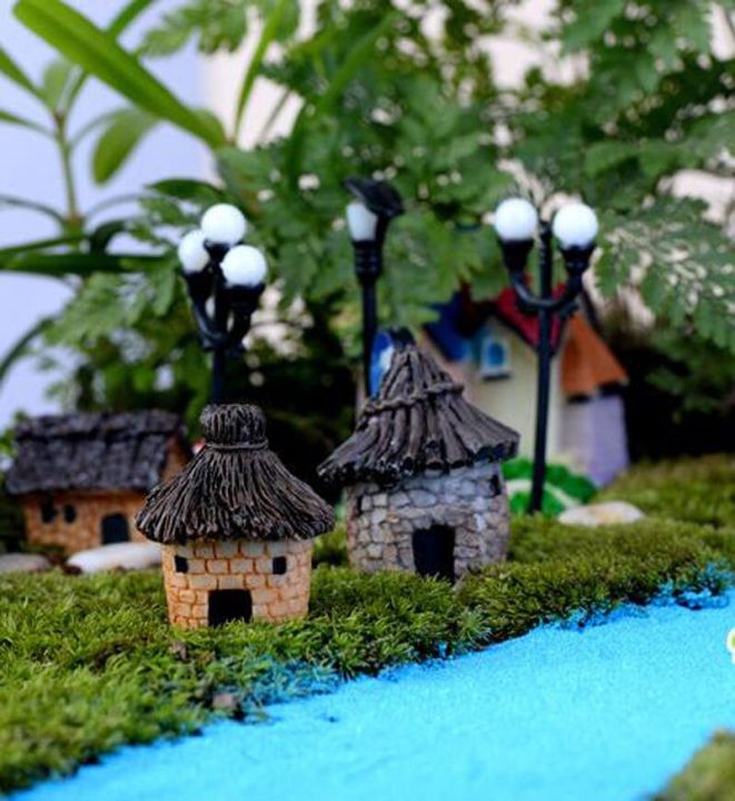 บ้านในหมู่บ้านจิ๋วน่ารักใช้ในสวนขนาดเล็กงานฝีมือทำจากกระถางต้นไม้ของตกแต่งในสวนภูตประจำสวนขนาดเล็ก