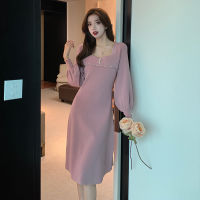 French Style Retro Square Collar Lantern Sleeve Knitted Dress for Women 2021 Early Autumn Mid-Length Temperament