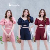 Fashion Young Set เสื้อ+กางเกง  สไตล์​ชิวๆ sexyเบาๆ กางเกงสม็อคด้านหลัง