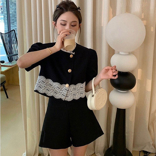 2ชิ้น-coconie-patchwork-suit-women-new-korean-style-short-sleeve-button-up-top-slim-fit-easy-matched-shorts-two-piece-set-baju-perempuan