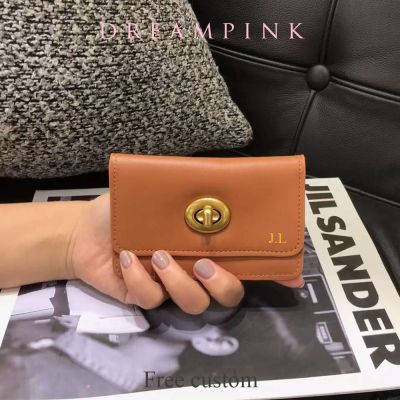 Retro Genuine Leather Credit Card Holder Luxury Fashion Custom Initials Slim Women Wallet Engrave Letters Lock Flap Mini Purse Card Holders