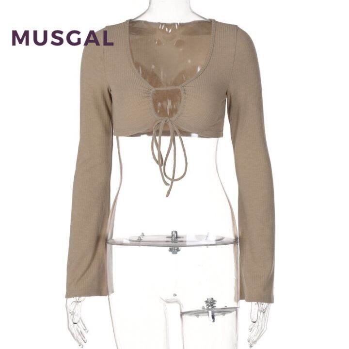 musgal-เสื้อยืดแขนยาว-คอยู-เซ็กซี่-ผูกสะดือ-สําหรับผู้หญิง