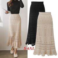 Plus Size S-6XL Women Knitted Long Maxi Skirt Spring Summer Autumn Fashion Casual Elegant Knit Lace High Waist Fishtail Bohemia Boho Beach Holiday Skirts Black Beige