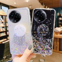 เคส Realme 11X แบบนิ่มประดับเลื่อมรูปดวงจันทร์ระยิบระยับซิลิโคนใสขาตั้งพับได้ป้องกันการตกสำหรับ Realme 11X ฝาหลัง